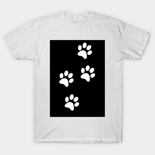 White Paw-prints on a black surface T-Shirt by Blue Butterfly Designs 